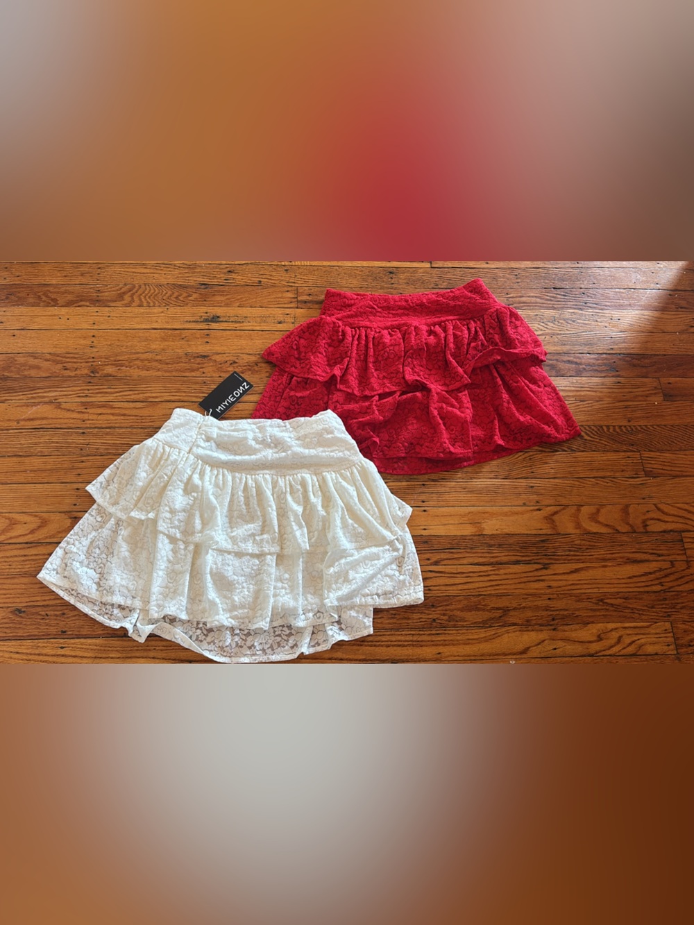 MYNEOWZ Lace Ruffle Skirt Pair - White & Red